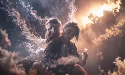 two women are standing near a bonfire and holding a lighter