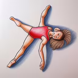 a young girl wearing a red bikini lying on her back with a large smile on her face,a drawing of a person wearing a swimsuit laying on the ground