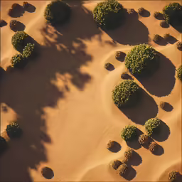 aerial photograph of sand dunes and bushes with shadows