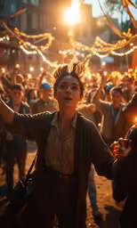 a woman holding her arm up with a crowd behind her