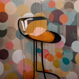 a very colorfully designed wall has a chair