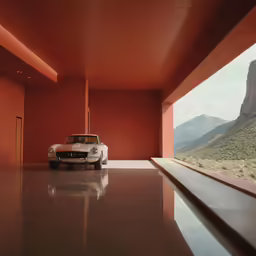 an antique automobile sits in the lobby of an open room