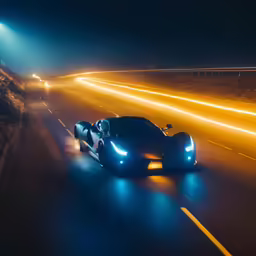 two sports cars driving down a highway at night
