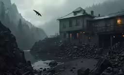 a large building surrounded by lots of rocks and water