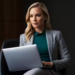 a woman sitting on a chair looking at her laptop
