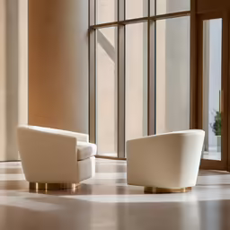 two white chairs in an empty room with large glass windows