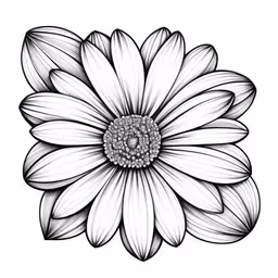 a flower drawing on paper, with a black and white image,an abstract flower with the center petals drawn in black and white