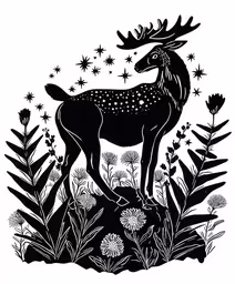 a black and white illustration of a deer in a field with daisies,an illustration of a deer standing on a rock surrounded by ferns