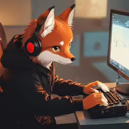 an orange and white fox wearing headphones and a computer mouse