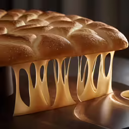several breads sitting on top of wooden counter tops