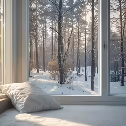 the view outside the window at the snow covered forest