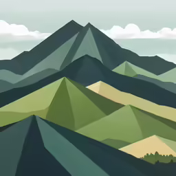 a painting of some mountains and hills with some clouds