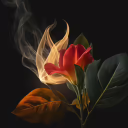 red rose with a yellow and green stem surrounded by smoke