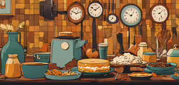 the clocks are all around the breakfast table,a bunch of plates on a table with many different clocks hanging above them