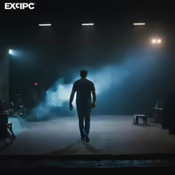 a man walking towards some stage lights in the dark