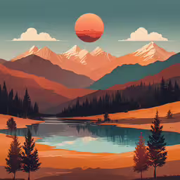 an orange sunset over a lake and mountains,this is a painting that depicts the mountains