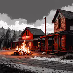 a large fire pit in front of two building,a large group of homes lit up by a fire