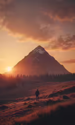 the person is walking alone towards the setting sun