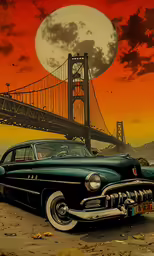 an image of the old car next to the golden gate bridge