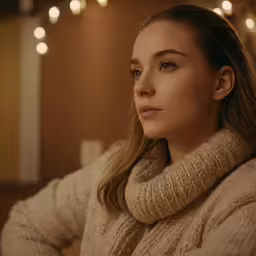 a woman wearing a brown turtle neck sweater in front of a christmas light garland