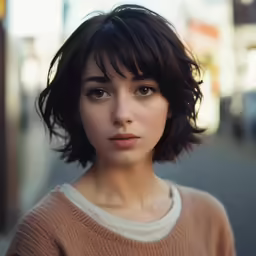 a girl with a messy hair is standing in the street