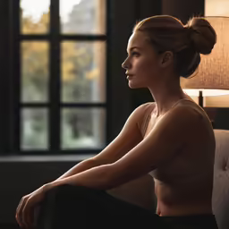 a woman in a top sitting on a couch with a lamp