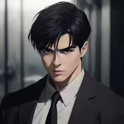 a man wearing a suit and tie with short black hair