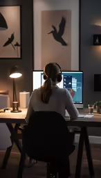 woman in a sweater and headphones sitting at a desk on her computer