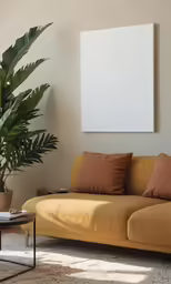 a living room with an orange sofa and coffee table
