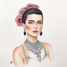 a watercolor drawing of a woman wearing jewelry