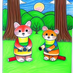 two colored cats sitting next to each other on the grass near trees