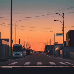a street is at sunset in an urban area