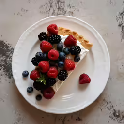 a slice of cheesecake with raspberries and blueberries sits on a plate