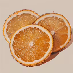 three orange halves are placed next to each other