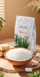 a table holding a bowl of rice next to bag of white bread