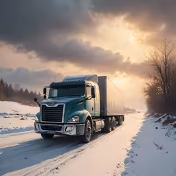 a truck is traveling through the country side,a large truck drives down a road during the winter season