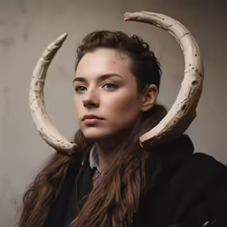 a woman in a black jacket with horns on her head
