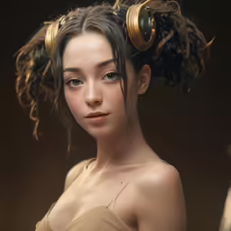 a woman with curly hair with earrings on her head
