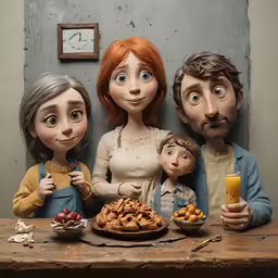 three dolls and a family on a table