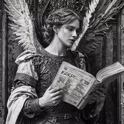 an antique angel girl reading a book with wings