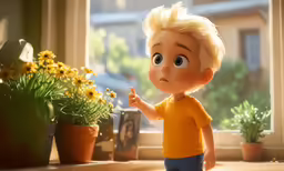 a boy pointing at the camera in front of potted plants