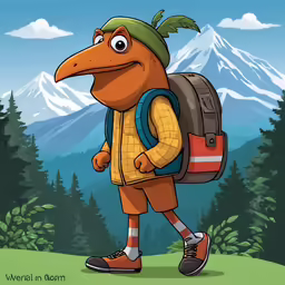 an illustration of a bird with a backpack walking in the forest