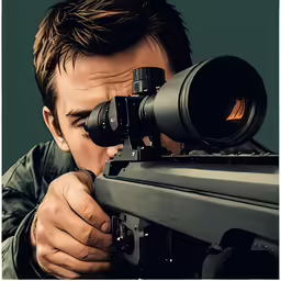 a man aiming a rifle in a dark room