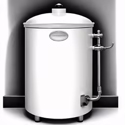 large white pot sitting in a corner next to a faucet