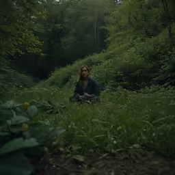 woman sitting in an overgrown field of grass and flowers