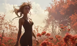 a woman with long hair standing in the grass