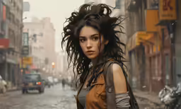 a woman walking down a wet city street