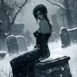 a gothic lady in black dress sitting on a grave,a woman sitting on top of a stone bench in a graveyard
