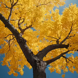 a tree with yellow leaves under a blue sky