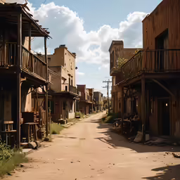 an old town is empty and it has brown buildings